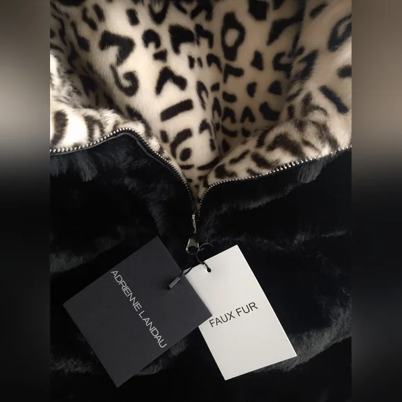 ADRIENNE LANDAU Reversible Faux Fur Hooded Vest Black / Animal $295 - Picture 14 of 15
